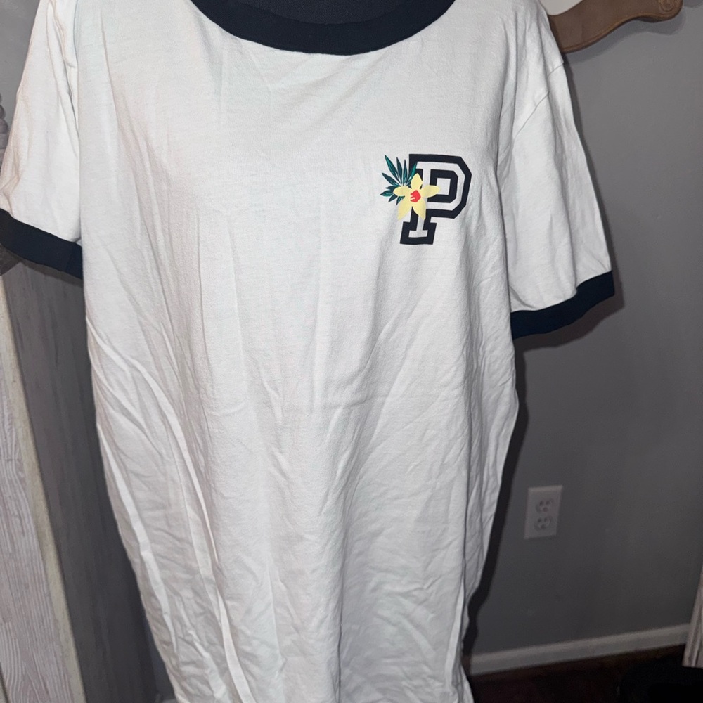 PINK Victoria's Secret White Ringer Tee with Black Trim and Floral 'P'